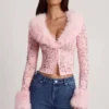 Cardigan Noemy din dantelă transparentă cu bordură din blană artificială, roz Cardigan Noemy din dantelă transparentă cu bordură din blană artificială, roz