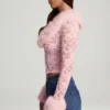 Cardigan Noemy din dantelă transparentă cu bordură din blană artificială, roz Cardigan Noemy din dantelă transparentă cu bordură din blană artificială, roz