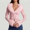 Cardigan Noemy din dantelă transparentă cu bordură din blană artificială, roz Cardigan Noemy din dantelă transparentă cu bordură din blană artificială, roz