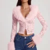 Cardigan Noemy din dantelă transparentă cu bordură din blană artificială, roz Cardigan Noemy din dantelă transparentă cu bordură din blană artificială, roz