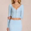 Cardigan Odelia din dantelă cu decolteu adânc, în albastru pudră Cardigan Odelia din dantelă cu decolteu adânc, în albastru pudră