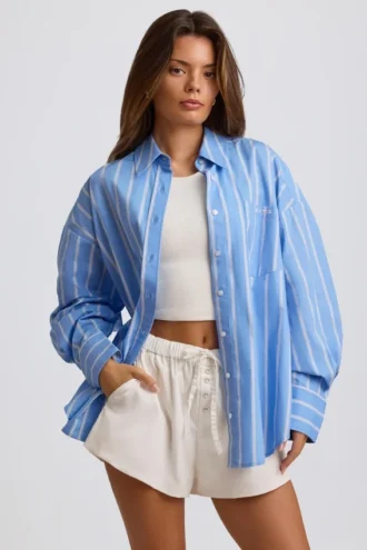 Cămașă oversized din poplin de bumbac cu dungi, în dungi albastre
