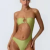 Costum de baie bandeau cu decupaje și ornamente din mărgele, în culoarea verde pară Costum de baie bandeau cu decupaje și ornamente din mărgele, în culoarea verde pară