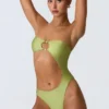 Costum de baie bandeau cu decupaje și ornamente din mărgele, în culoarea verde pară Costum de baie bandeau cu decupaje și ornamente din mărgele, în culoarea verde pară