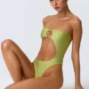 Costum de baie bandeau cu decupaje și ornamente din mărgele, în culoarea verde pară Costum de baie bandeau cu decupaje și ornamente din mărgele, în culoarea verde pară