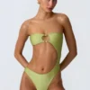 Costum de baie bandeau cu decupaje și ornamente din mărgele, în culoarea verde pară Costum de baie bandeau cu decupaje și ornamente din mărgele, în culoarea verde pară