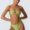 Costum de baie bandeau cu decupaje și ornamente din mărgele, în culoarea verde pară Costum de baie bandeau cu decupaje și ornamente din mărgele, în culoarea verde pară