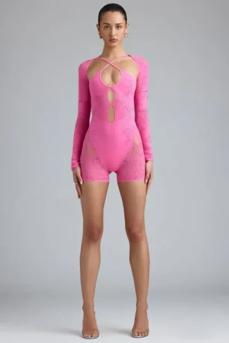 Costum de baie Melody cu decupaje și ornamente, în roz gumă de mestecat