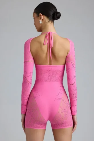 Costum de baie Melody cu decupaje și ornamente, în roz gumă de mestecat