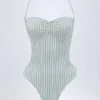 Costum de baie întreg Biarritz cu decupaje și gât halter, în dungi duble de culoare verde-albastru Costum de baie întreg Biarritz cu decupaje și gât halter, în dungi duble de culoare verde-albastru