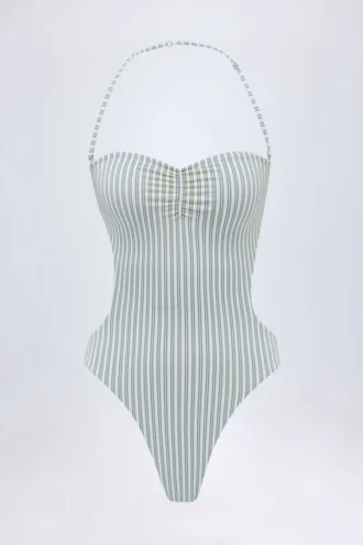 Costum de baie întreg Biarritz cu decupaje și gât halter, în dungi duble de culoare verde-albastru Costum de baie întreg Biarritz cu decupaje și gât halter, în dungi duble de culoare verde-albastru