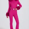 Costum de schi ajustat, impermeabil, cu glugă din blană artificială, în roz magenta Costum de schi ajustat, impermeabil, cu glugă din blană artificială, în roz magenta
