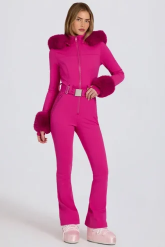 Costum de schi ajustat, impermeabil, cu glugă din blană artificială, în roz magenta