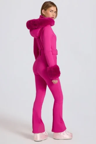 Costum de schi ajustat, impermeabil, cu glugă din blană artificială, în roz magenta