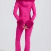 Costum de schi ajustat, impermeabil, cu glugă din blană artificială, în roz magenta Costum de schi ajustat, impermeabil, cu glugă din blană artificială, în roz magenta