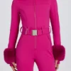 Costum de schi ajustat, impermeabil, cu glugă din blană artificială, în roz magenta Costum de schi ajustat, impermeabil, cu glugă din blană artificială, în roz magenta