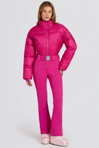 Costum de schi impermeabil, căptușit, cu curea, în roz magenta