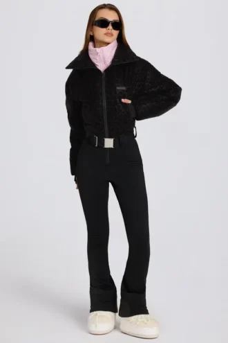 Costum de schi impermeabil, cu curea, în straturi, în model leopard negru