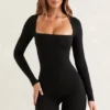 Costum integral Rue cu mâneci lungi și gât pătrat, negru Costum integral Rue cu mâneci lungi și gât pătrat, negru