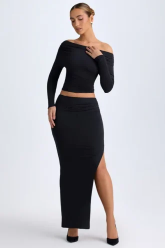 Fustă Carolina din modal, cu talie joasă, lungime maxi, culoare negru