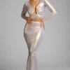 Fustă lungă din jersey metalic cu talie medie Zahra, în culoarea auriu deschis Fustă lungă din jersey metalic cu talie medie Zahra, în culoarea auriu deschis