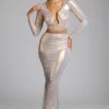 Fustă lungă din jersey metalic cu talie medie Zahra, în culoarea auriu deschis Fustă lungă din jersey metalic cu talie medie Zahra, în culoarea auriu deschis