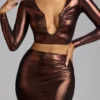Fustă lungă din jersey metalic Zahra cu talie medie, în nuanța cupru-bronz Fustă lungă din jersey metalic Zahra cu talie medie, în nuanța cupru-bronz