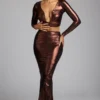 Fustă lungă din jersey metalic Zahra cu talie medie, în nuanța cupru-bronz Fustă lungă din jersey metalic Zahra cu talie medie, în nuanța cupru-bronz
