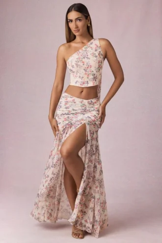 Fustă maxi asimetrică cu volane Romy, cu imprimeu floral Primrose Fustă maxi asimetrică cu volane Romy, cu imprimeu floral Primrose