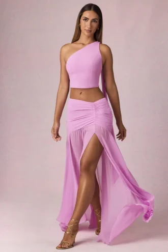 Fustă maxi asimetrică cu volane Romy în nuanța Pink Orchid