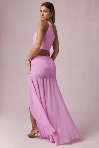 Fustă maxi asimetrică cu volane Romy în nuanța Pink Orchid