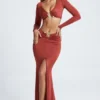 Fustă maxi cu detalii metalice Adena, model fishtail, în culoarea maro-castaniu