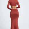 Fustă maxi cu detalii metalice Adena, model fishtail, în culoarea maro-castaniu