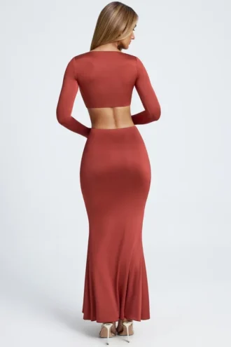 Fustă maxi cu detalii metalice Adena, model fishtail, în culoarea maro-castaniu Fustă maxi cu detalii metalice Adena, model fishtail, în culoarea maro-castaniu