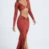 Fustă maxi cu detalii metalice Adena, model fishtail, în culoarea maro-castaniu