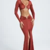 Fustă maxi cu detalii metalice Adena, model fishtail, în culoarea maro-castaniu