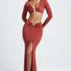Fustă maxi cu detalii metalice Adena, model fishtail, în culoarea maro-castaniu
