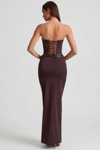 Fustă maxi cu talie joasă Liora cu dungi, în culoarea ciocolată