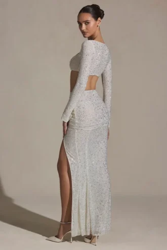 Fustă maxi cu volane și ornamente Claribel, albă