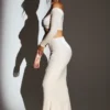 Fustă maxi din catifea Nixie cu talie medie, culoare ivoriu