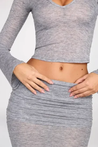 Fustă maxi drapată din jersey transparent, cu talie joasă, model Diana, în culoarea gri