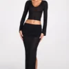 Fustă maxi drapată din jersey transparent, cu talie joasă, model Diana, în culoarea neagră Fustă maxi drapată din jersey transparent, cu talie joasă, model Diana, în culoarea neagră