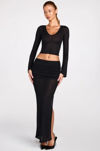 Fustă maxi drapată din jersey transparent, cu talie joasă, model Diana, în culoarea neagră