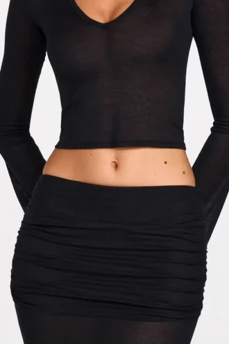 Fustă maxi drapată din jersey transparent, cu talie joasă, model Diana, în culoarea neagră