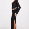 Fustă maxi drapată din jersey transparent, cu talie joasă, model Diana, în culoarea neagră Fustă maxi drapată din jersey transparent, cu talie joasă, model Diana, în culoarea neagră