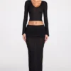 Fustă maxi drapată din jersey transparent, cu talie joasă, model Diana, în culoarea neagră Fustă maxi drapată din jersey transparent, cu talie joasă, model Diana, în culoarea neagră