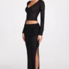 Fustă maxi drapată din jersey transparent, cu talie joasă, model Diana, în culoarea neagră Fustă maxi drapată din jersey transparent, cu talie joasă, model Diana, în culoarea neagră
