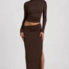 Fustă maxi Nadina din modal cu talie asimetrică, în culoarea ciocolată Fustă maxi Nadina din modal cu talie asimetrică, în culoarea ciocolată