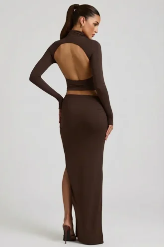 Fustă maxi Nadina din modal cu talie asimetrică, în culoarea ciocolată