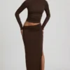 Fustă maxi Nadina din modal cu talie asimetrică, în culoarea ciocolată Fustă maxi Nadina din modal cu talie asimetrică, în culoarea ciocolată